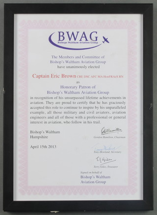 From the estate of Captain Eric M Brown a Bishop's Waltham Aviation Group Honorary Patrons certificate to Captain Eric Brown CBE DSC AFC  15th April  2013 11 1/2" x 8", an Honorary Membership certificate of The Gosport Aviation Society 21st February 2006 to Captain Eric M Brown CBE DSC AFC 8 1/2" x 12" and a Dutch Maritime Honorary Member presentation certificate dated 12 March 1966 11" x 8" 