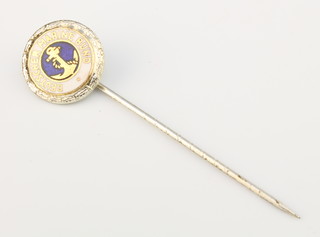 From the estate of Captain Eric M Brown a gilt metal and enamel Deutscher Marine Bund stick pin,  a gilt and enamelled stick pin marked Deutscher Marine Bund, 1 other in the form of a winged anchor  and an Imperial German gilt metal stick pin decorated a boat, the reverse marked Fleck Hamburg 