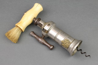 A 19th Century King's patent corkscrew with brush and crest 6" 