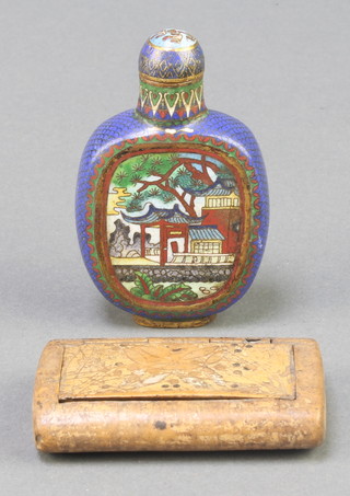 A Chinese cloisonne enamelled snuff bottle decorated buildings 3" and a Victorian walnut snuff box  2 1/2" 