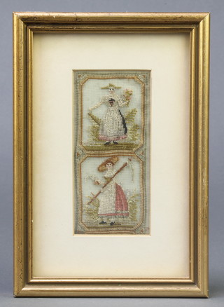 An 18th Century style stitch work panel decorated 2 lady gardeners 3 1/2" x 1 1/2" 