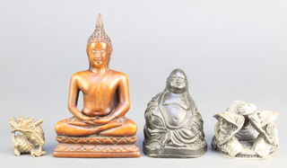 A Chinese bronze figure of a dragon 1", 2 resin figures of a seated Buddha 6" and 3 1/2" and a Tudor Mint figure "Wizards Heads" 2" 