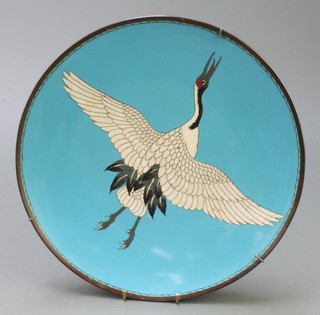A Japanese blue ground cloisonne charger decorated a bird in flight 12" 