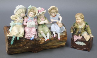A late 19th Century KPM bowl in the form of 4 girls sitting on a tree trunk 9", a similar figure of a boy sitting on a box 4" 