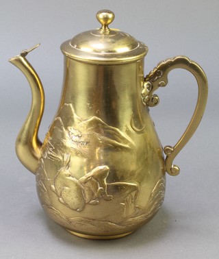 A Chinese gilt metal tea/coffee pot decorated landscape and hares 8" 