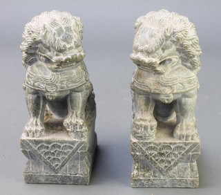 A pair of carved soapstone figures of seated Dogs of Fo 8" x 3 1/2" x 2 1/2" 