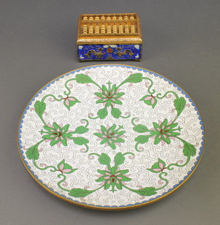 A Chinese cloisonne enamelled rectangular box, the lid formed from an abacus 2"h x 3"w x 2"d together with a circular cloisonne enamelled dish with floral decoration 8" 