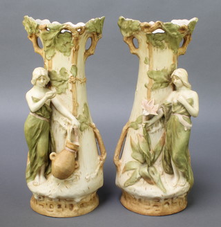 A pair of Royal Dux vases in the form of maidens standing beside a tree 12" 