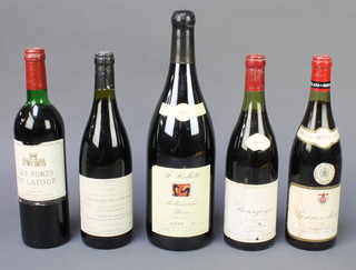 A bottle of 1979 Les Forts de Latour Pauillac France, a bottle of 1976 Moillard Bonnes-Mares, a bottle of 1982 Bourgogne, a magnum of 1994 St Hallet no.747 and a bottle of 1997 Chateau de Lancyre  