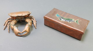 A copper inkwell in the form of a crab with hinged lid 7" (liner missing, hinge f) and a rectangular Newlyn style copper box with hinged lid the top set an enamelled figure of a fish 284 
