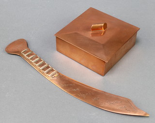 A copper Trench Art paperknife marked EN Sommes 1916, Ypres 1917, St Quentin 1918 11" and a Rhodesia square copper box 1" x 4" x 4" 