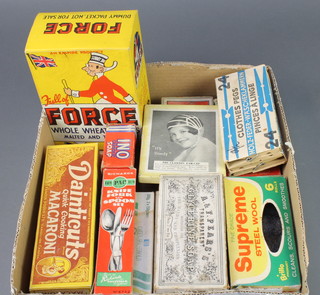 A carton of Force wholewheat flakes, a carton of Daintictus quick cooker macaroni, a carton of A & F Pears glycerine soap and other various cartons 