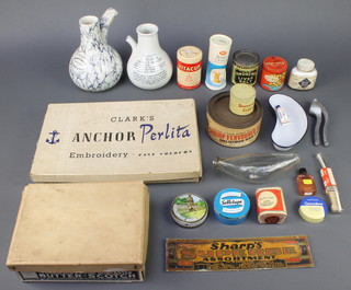 A box of Clark's anchor Perlita embroidery wool, a carton of Parkinson's Royal Doncaster butterscotch, 2 pottery inhalers, tins etc 