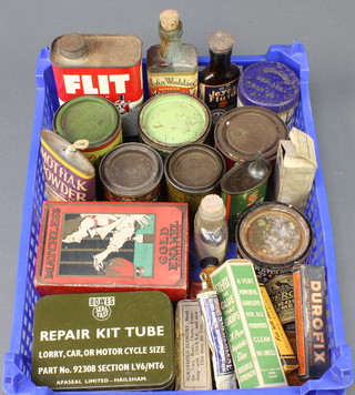 A Bowes seal fast repair kit tube, a carton of Carson's hard gloss finishing paint and various other tins  