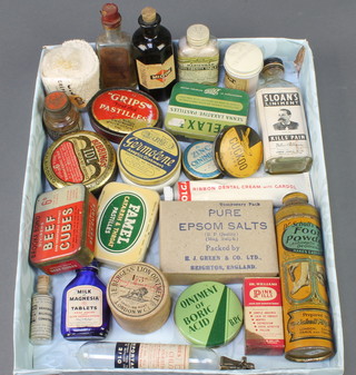 A bottle of Dr Bunges Ethyl Chloride local anaesthetic, a pot of Dr Scholl's foot powder, a bottle of Sloan's liniment and other various cosmetic bottles etc