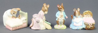 Four Beswick Beatrix Potter figures  Hunca Munca Sweeping 3", Peter in bed 3", Hunca Munca 3" and Johnny Town Mouse 3"
