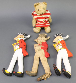 3 various fabric Sunny Jim figures 15" and a yellow teddybear with articulated limbs 13"