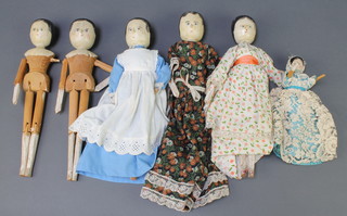 5 19th Century wooden peg dolls 11" and 1 other wooden peg doll 6 1/2" 