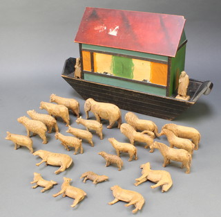 A wooden painted Noah's Ark containing 24 figures - 2 horses (ears and hoof f), 2 goats (1 with horn f), 2 lions (faces damaged), bull and cow (horns damaged), 2 donkeys (ears and 1 leg damaged), 2 sheep (horns and leg damaged), 2 bears (damaged), 2 wolves, 2 smaller bears? (foot and tails damaged), 2 pigs (1 ear f), 1 deer (antlers and 2 legs damaged) , 1 elephant (trunk damaged) 1 dromedary (back leg damaged), 1 dog, Noah and 1 other figure 13 1/2"h x 22"w x 6 1/2"d 
