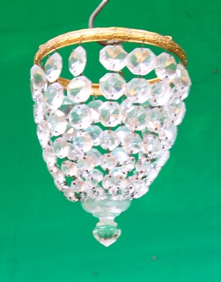A circular gilt metal and cut glass bag shape light fitting 9" 
