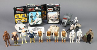 12 original Star Wars figures and  vehicles consisting of :-  A Biker Scout (with gun), 4 Rebel soldiers (Hoth Battle Gear with gun), Han Solo (Hoth Outfit), Res Yees (broken handle on weapon), Imperial Stormtrooper (no cape), Storm Trooper (with gun), ROJ Luke Skywalker (with cloth cape, lightsaber and gun), Chewbacca, Cloud Car Pilot, Speeder bike (complete and explode function working), boxed Return of the Jedi INT-4 Interceptor (complete with instructions but box in poor condition and toy has peeling stickers), boxed Return of the Jedi MLC-3 Mobile Laser Cannon (complete with instructions but box in poor condition)