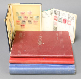 A blue Stanley Gibbons album of used World stamps, a red Royal Mail album of used world stamps, The Corona album of used World stamps, a blue stockbook of used World stamps and a blue Lagoon album of used World stamps 
