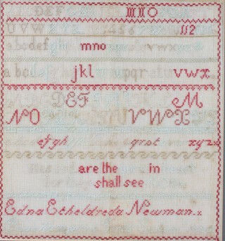 A Victorian woolwork sampler by Edna Etheldreda Newman, the alphabet and numerals 13" x 12"
