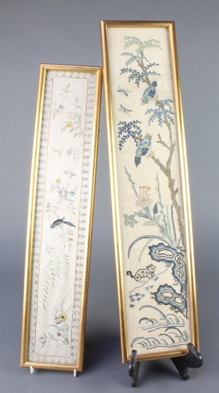 A Chinese silk embroidered "sleeve" panel 19" x 3 1/2" together with one other 20 1/2"x 4"