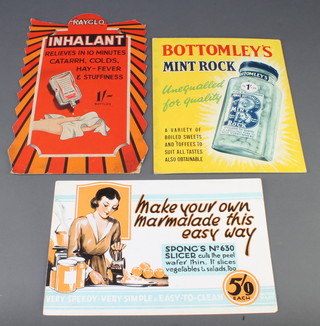 A card table top advertising sign for Bottomley's mint rock 12" x 10", do. for Rayglo Inhalant 14" x 9 1/2", do. Spongs No.630 marmalade slicer  8 1/2" x 13" 