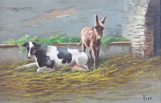 Vico, oil on panel, signed, study of a cow and donkey 8 1/2" x 13" 