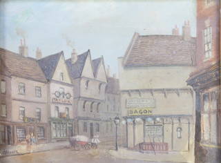 C T Moore, watercolours signed, townscapes The Old Rose Public House Bridlesmith Gate and St Peters Gate old houses 9" x 12" 