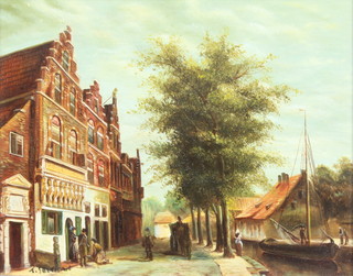 20th Century oil on board, signed, Dutch town scape with figures, indistinctly signed 7 1/2" x 9 1/2" 