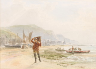 E W Cook '89, watercolour, signed and dated, fishermen on a beach with distant buildings 5" x 7" 