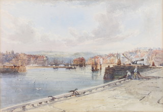 An Edwardian watercolour, study of a Continental riverscape with figures and buildings, unsigned 9 1/2" x 13" 