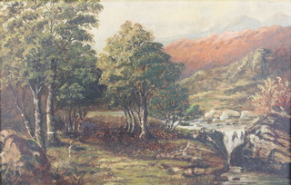 An Edwardian oil on board, unsigned, a river landscape with distant mounts, unsigned 11 1/2" x 18" 