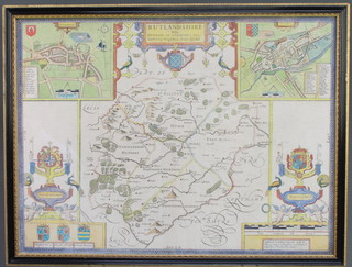 John Speede, Map of Rutlandshire with Oukham and Stamford her bordering neighbour newly described, with coloured borders and armorials 15" x 20" 
