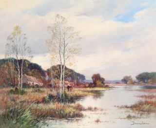 Demester, oil on canvas, signed, figures beside a river with cottages in the background 21" x 25" 