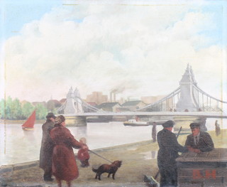 L Goddard '52, oil on canvas, signed, a view of the Thames with figures, unframed 15 1/4" x 18 1/2" 