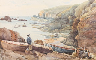 An early 20th Century watercolour, unsigned, study of a fishing boat in rocky bay 9 3/4" x 19 3/4" 