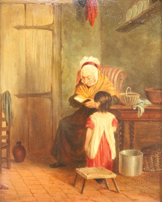 A 19th Century Continental oil on panel, unsigned, an interior scene with an elderly lady reading to a young girl contained in a fancy gilt frame 9 1/2" x 8" 