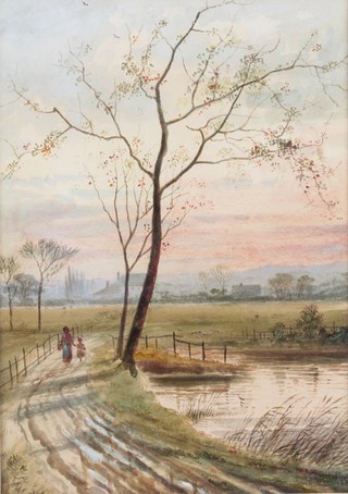 A pair of Edwardian watercolours, indistinctly signed, a country lane with shepherd and flock and a lane beside a pond with distant buildings 13 1/2" x 9 1/2" 