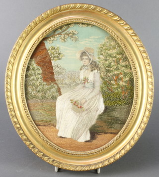 19th Century silk embroidery, oval, lady in a country garden 8 3/4" x 7 1/2" 