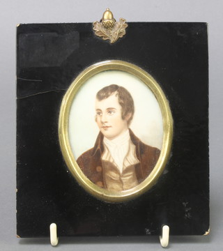 Miniature, oval watercolour on ivory, study of a 19th Century gentleman 3 1/4" x 2 1/2" in an ebonised and gilt metal mounted frame 