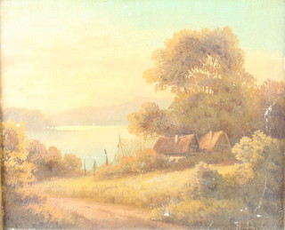 Victorian oil on canvas, unsigned and unframed, figures before windmills 7 1/4" x 10 1/4", H Parker oil on board lakeside scene with cottages 9 1/2" x 11 1/2" 