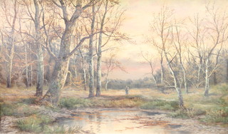 S William, oil on canvas, signed, country pond with figure, 12" x 20" 