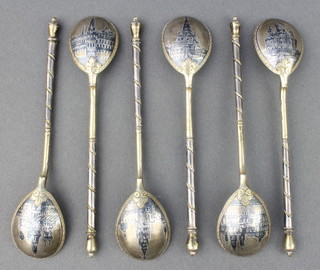 A set of 6 early 20th Century Russian silver and niello spoons with spiral stems, the reverse with views of Palaces 42 grams