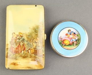 A Continental silver and guilloche enamel box decorated a fete galant view 2", a German enamelled ditto with fete galant view 