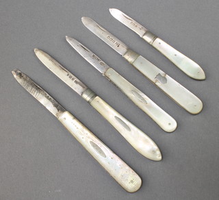 Five silver and mother of pearl fruit knives
