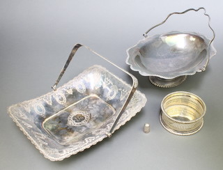 An Edwardian silver plated swing handled basket, 1 other, a ditto coaster and a silver thimble 