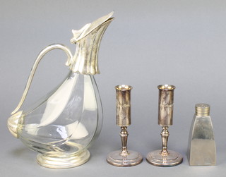 A silver plated mounted ewer 11", 2 ditto candlesticks and a pepper 